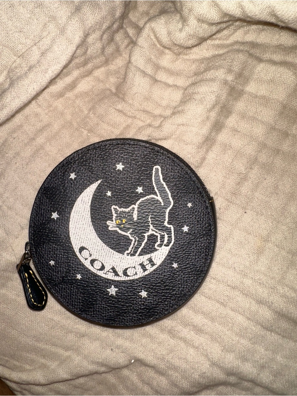 COACH Black Round Leather Coin Pouch with Cat Moon Motif